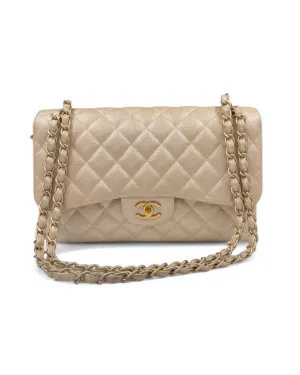 Pre-owned Chanel 12P Pearly Beige Caviar Jumbo Double Flap Bag