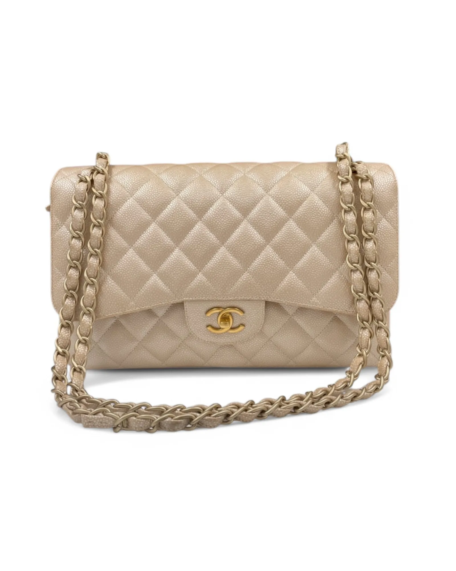 Pre-owned Chanel 12P Pearly Beige Caviar Jumbo Double Flap Bag