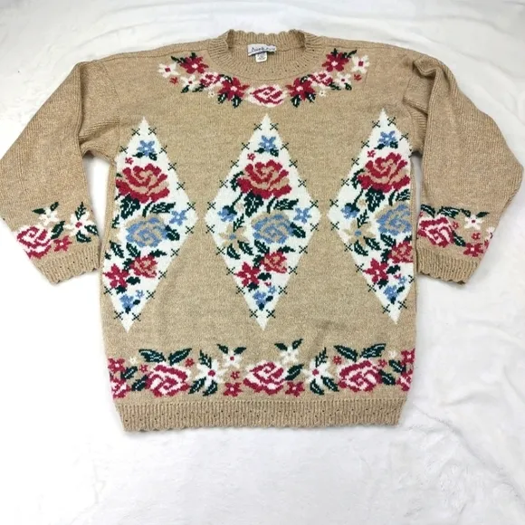 PRIVATE EYES ADELE KNIT WOMEN VINTAGE BROWN TAN ROSE FLORAL 100% ACRYLIC SWEATER