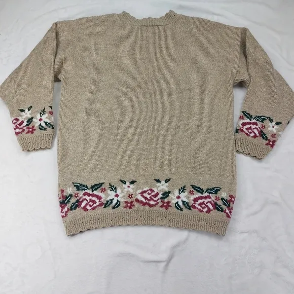 PRIVATE EYES ADELE KNIT WOMEN VINTAGE BROWN TAN ROSE FLORAL 100% ACRYLIC SWEATER