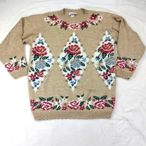 PRIVATE EYES ADELE KNIT WOMEN VINTAGE BROWN TAN ROSE FLORAL 100% ACRYLIC SWEATER