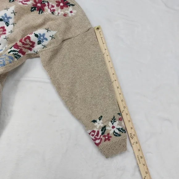 PRIVATE EYES ADELE KNIT WOMEN VINTAGE BROWN TAN ROSE FLORAL 100% ACRYLIC SWEATER