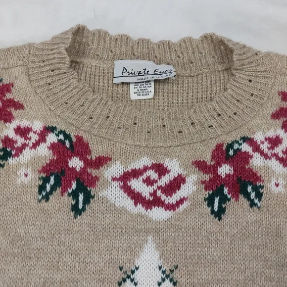 PRIVATE EYES ADELE KNIT WOMEN VINTAGE BROWN TAN ROSE FLORAL 100% ACRYLIC SWEATER