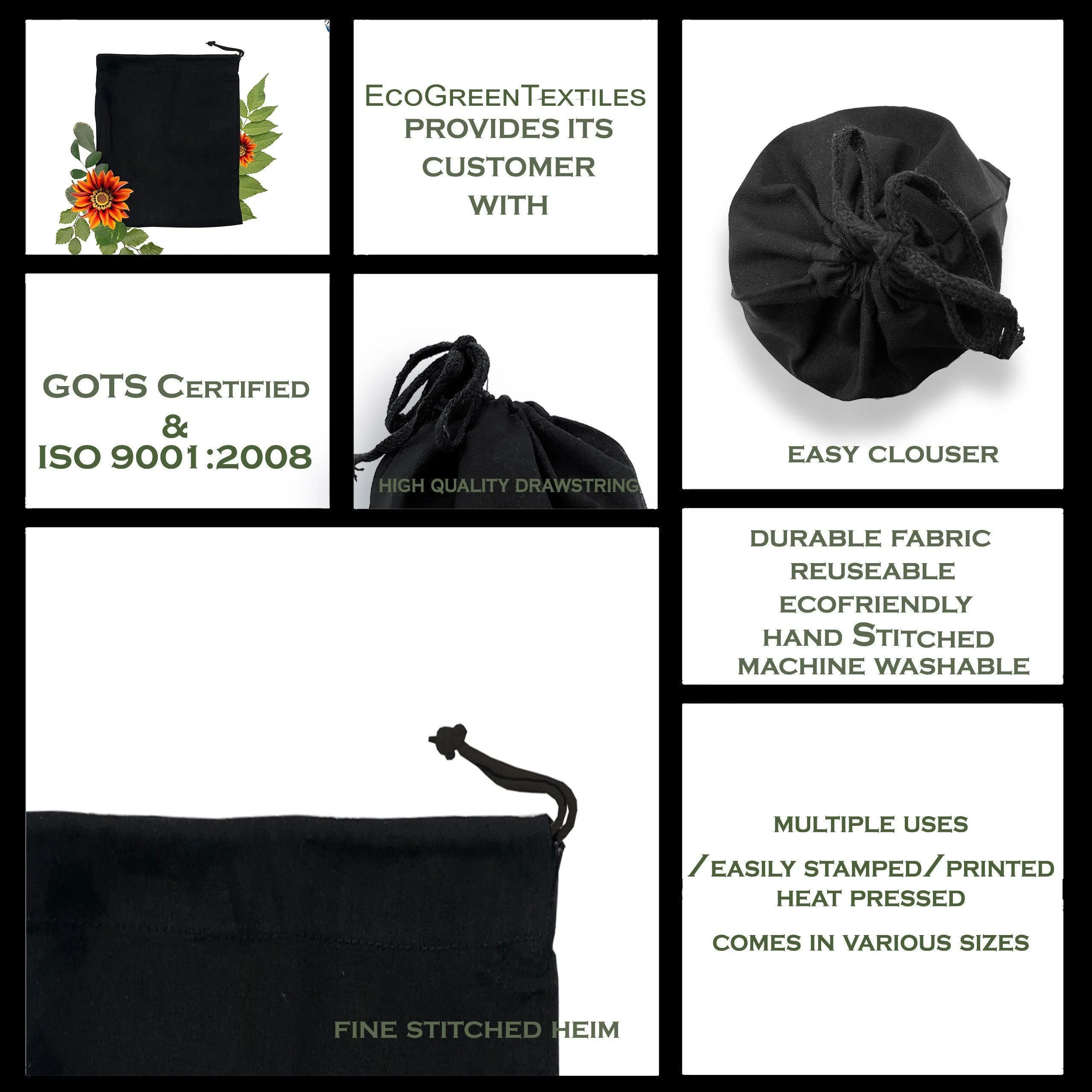 Recycled Cotton Single Drawstring Black Bags Small 4x6 inches