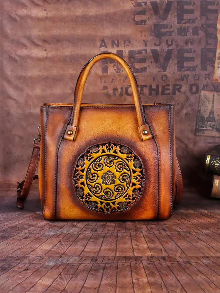 Retro Handmade Embossed Leather Handbag Messenger Bag