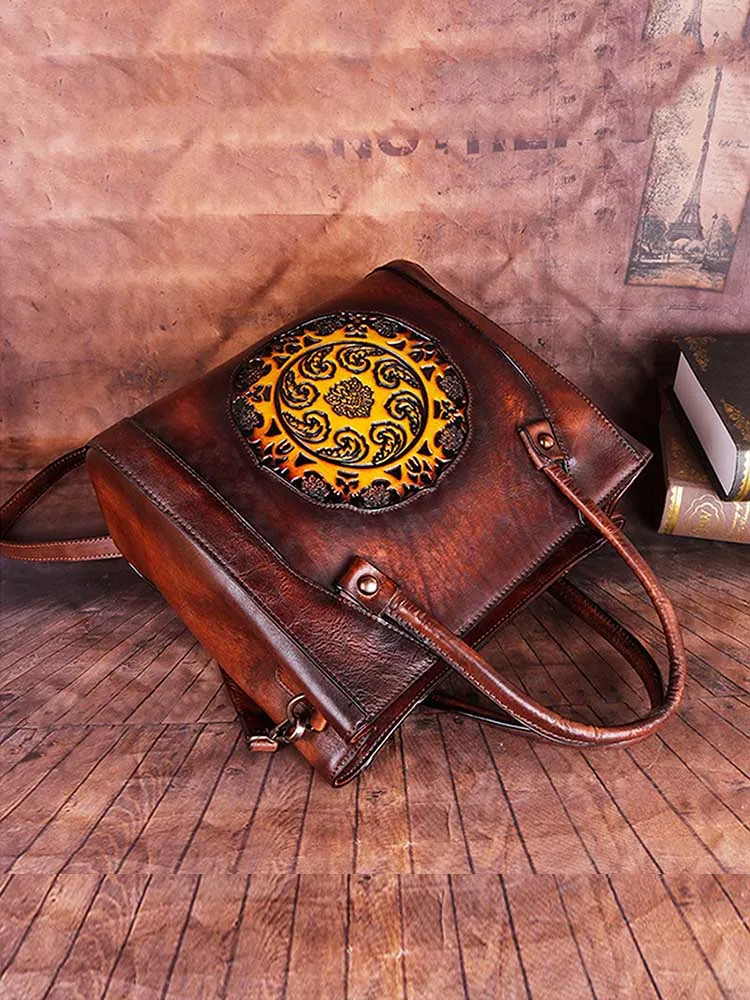 Retro Handmade Embossed Leather Handbag Messenger Bag