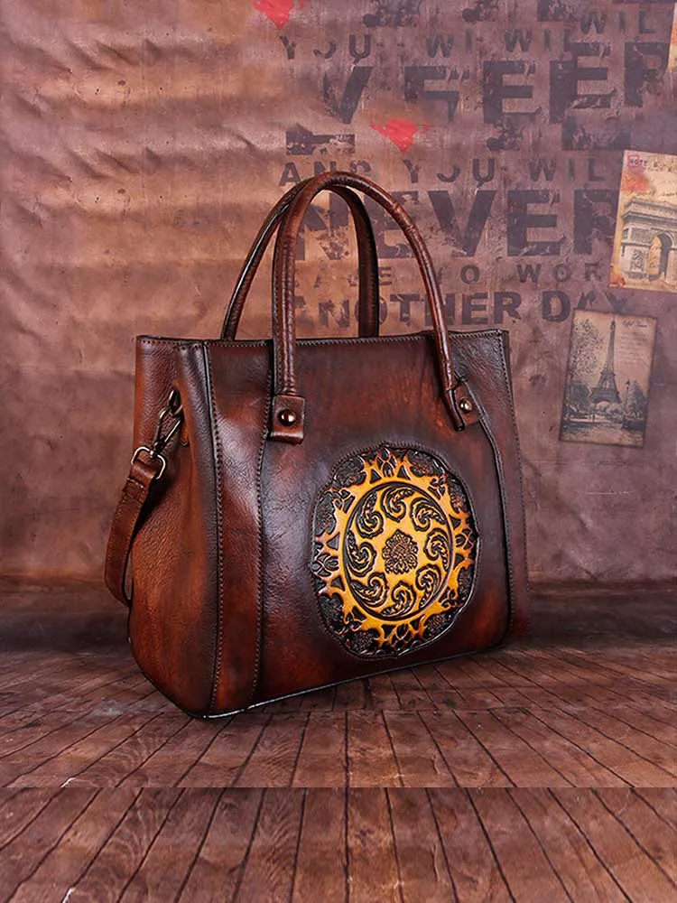 Retro Handmade Embossed Leather Handbag Messenger Bag