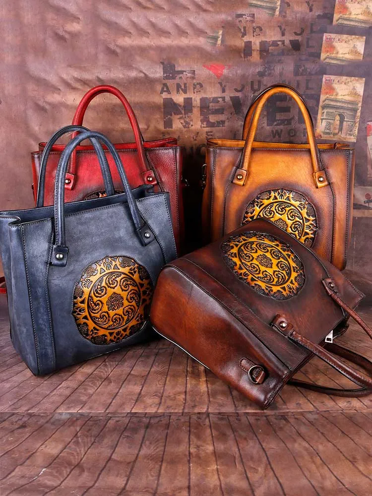 Retro Handmade Embossed Leather Handbag Messenger Bag