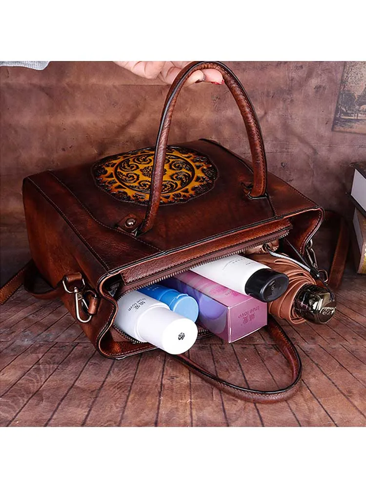 Retro Handmade Embossed Leather Handbag Messenger Bag