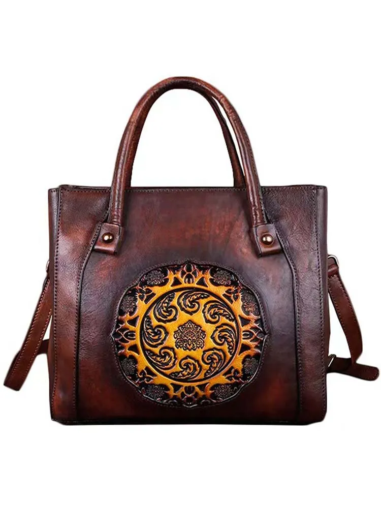 Retro Handmade Embossed Leather Handbag Messenger Bag