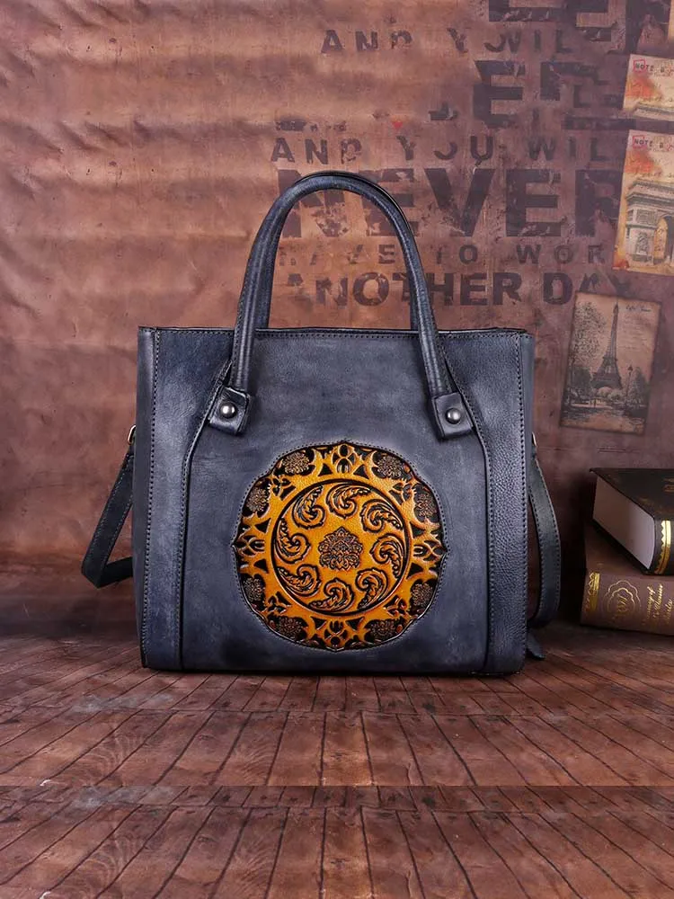 Retro Handmade Embossed Leather Handbag Messenger Bag