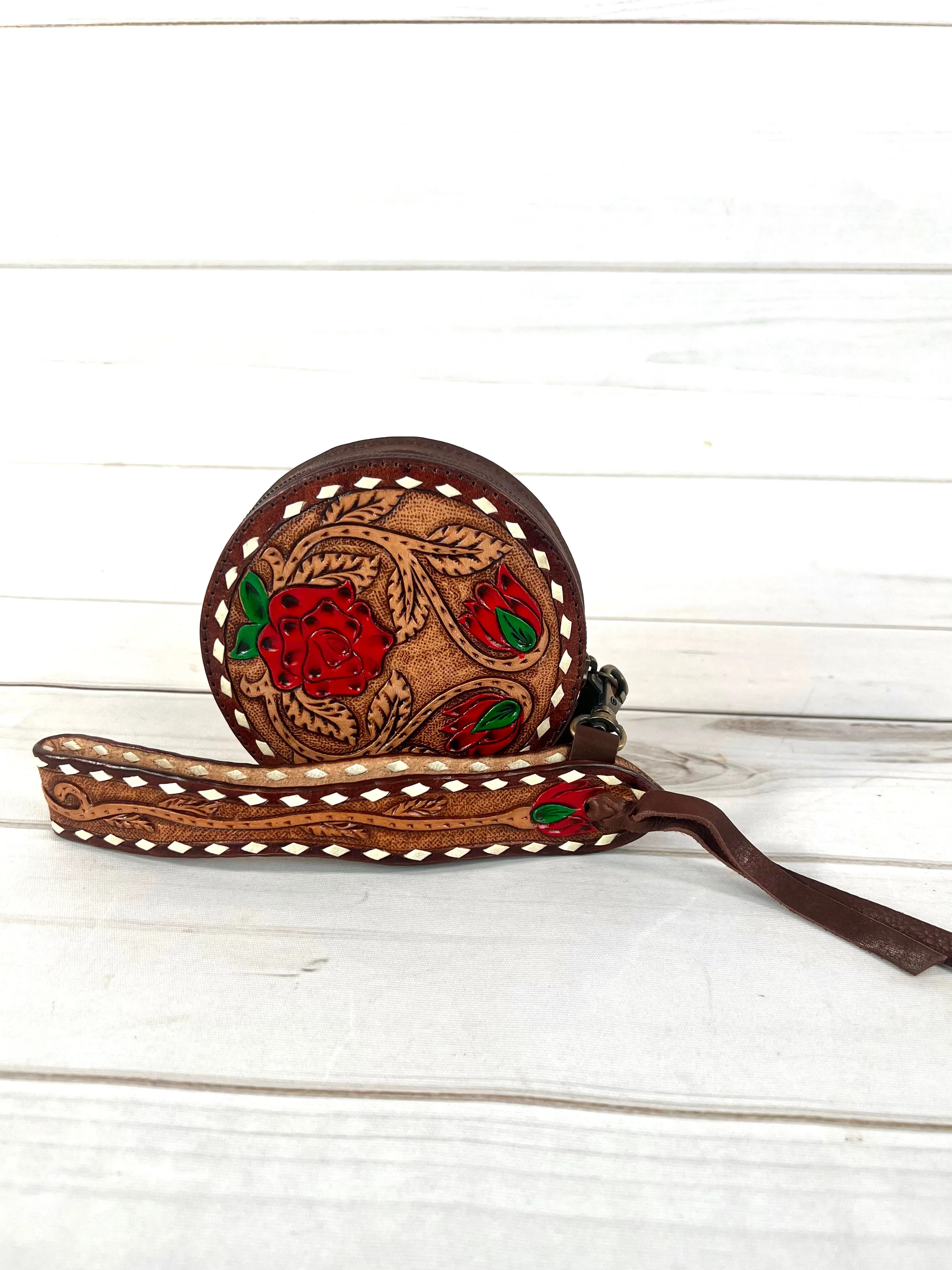Round Leather Small Wristlet Bag