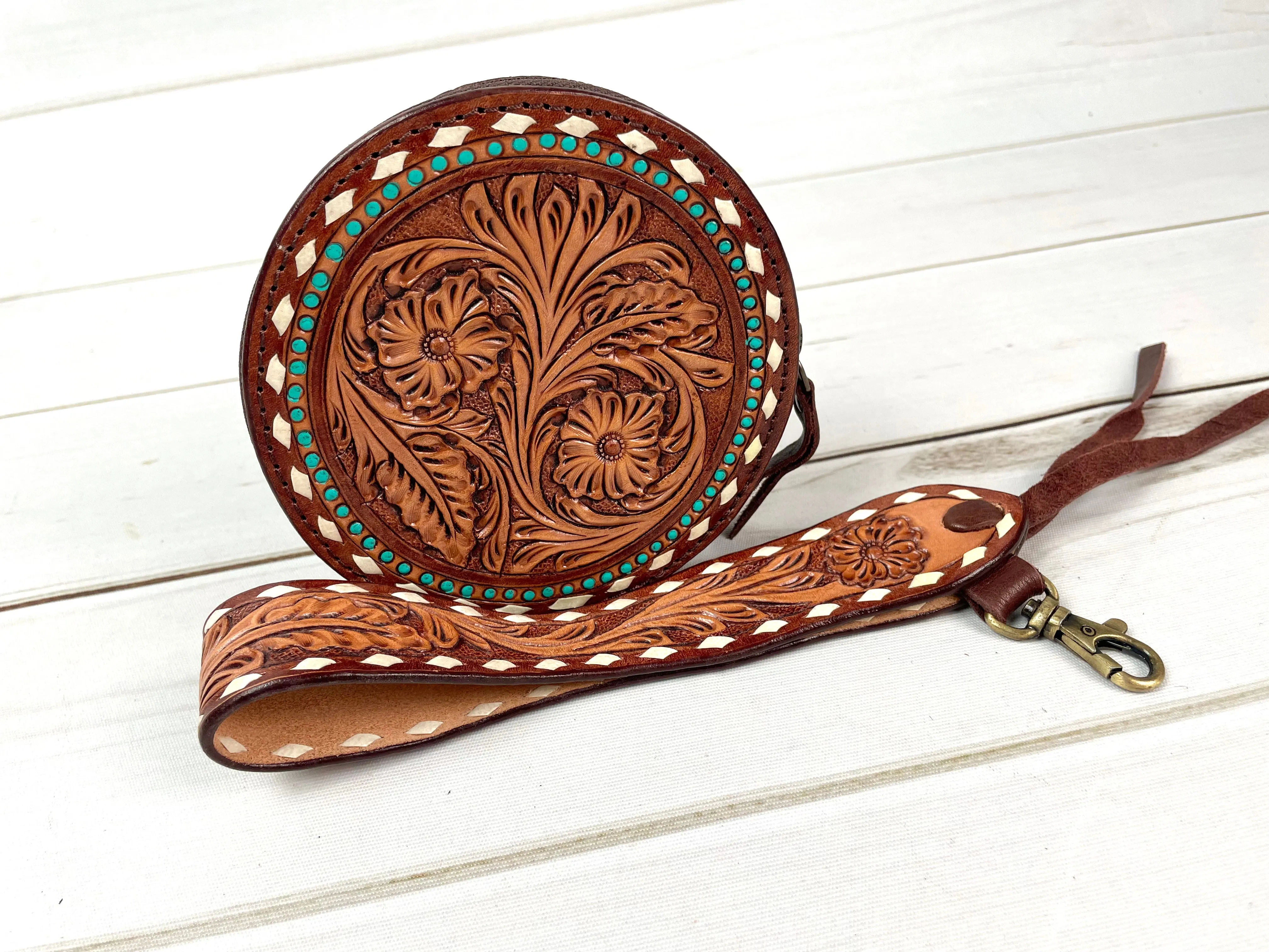 Round Leather Small Wristlet Bag