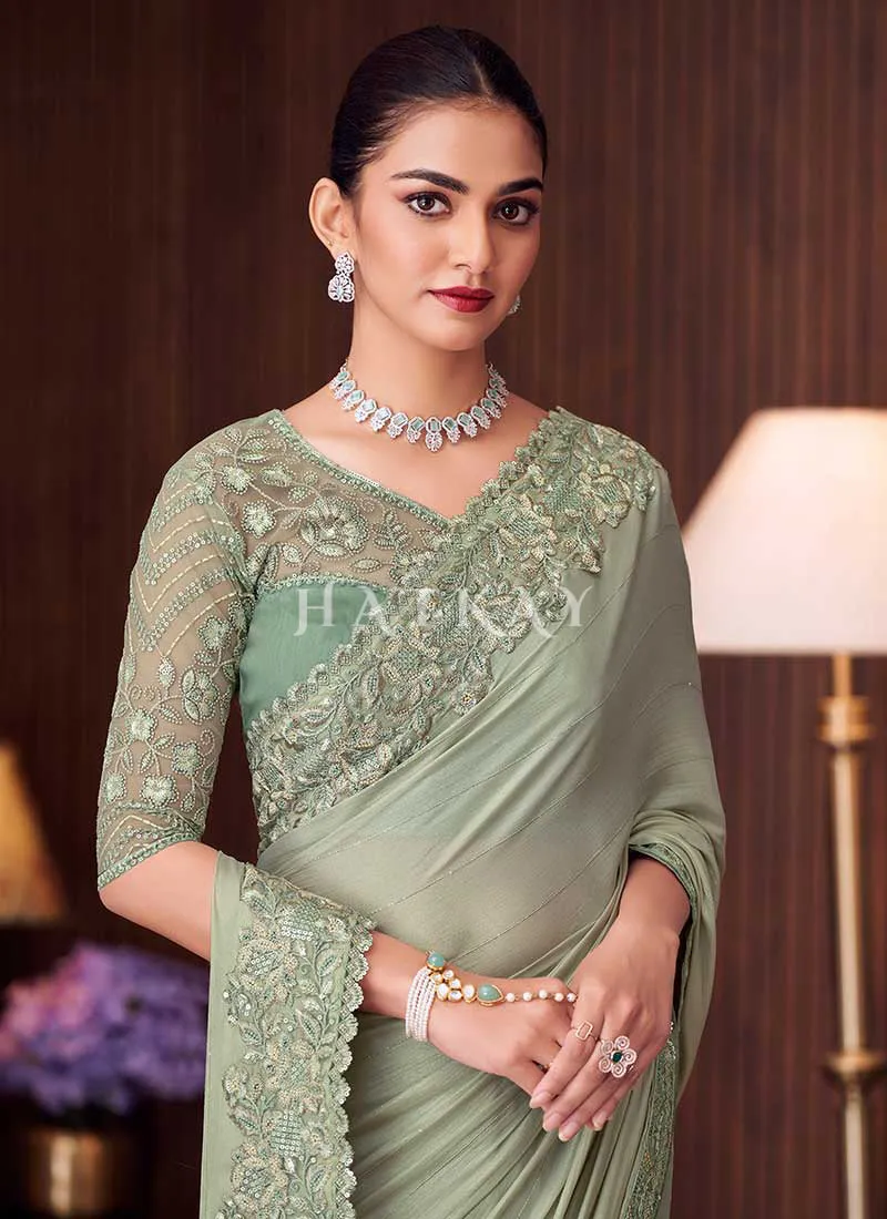 Sage Green Embroidery Designer Saree