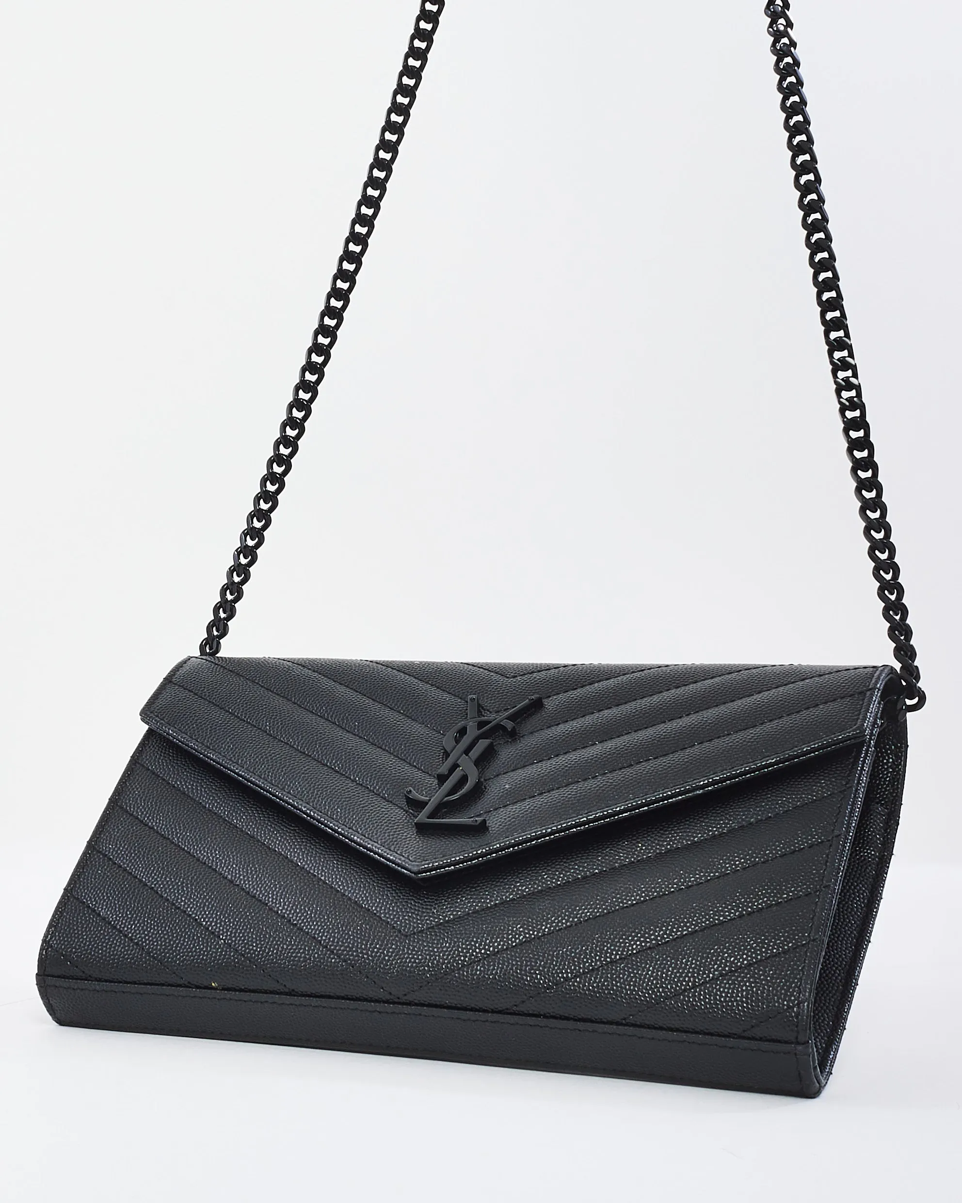 Saint Laurent Black on Black Grain de Poudre Leather Monogram Cassandre Wallet on Chain Bag