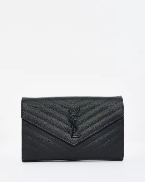 Saint Laurent Black on Black Grain de Poudre Leather Monogram Cassandre Wallet on Chain Bag