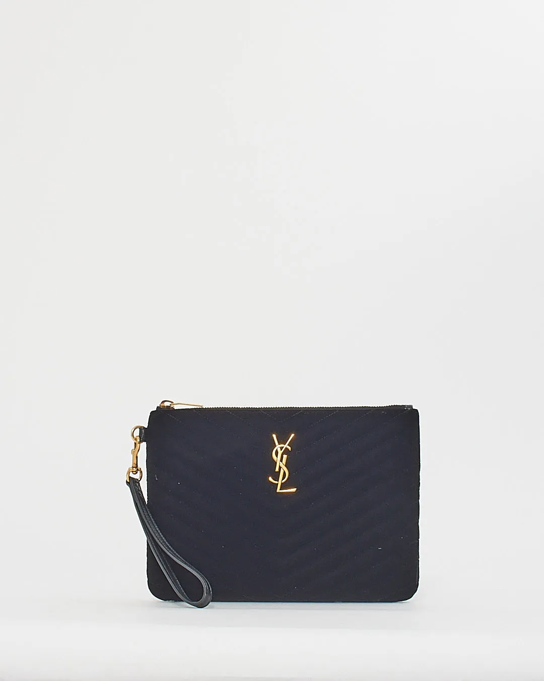 Saint Laurent Black Velvet Monogram Wristlet Clutch