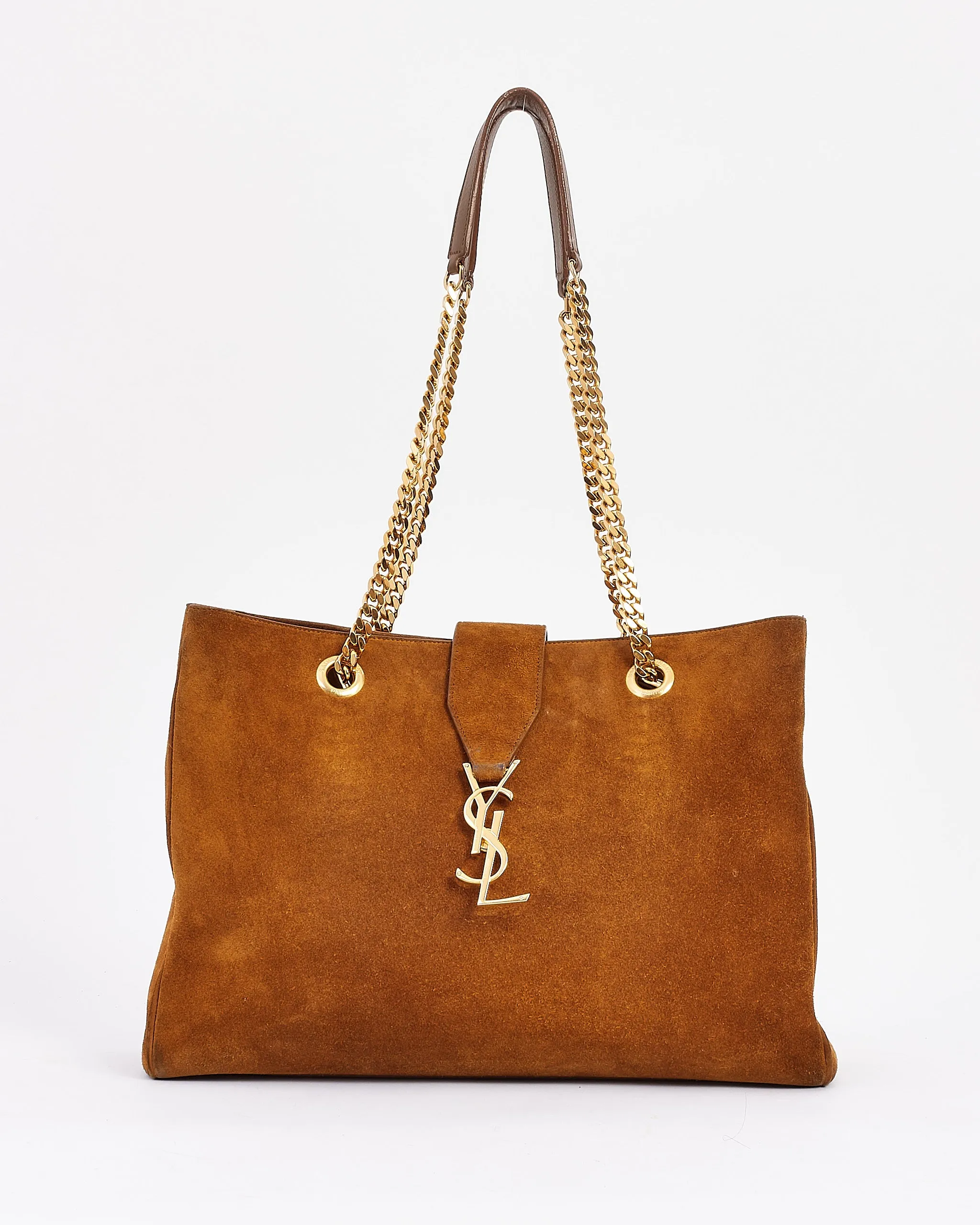 Saint Laurent Brown Suede Monogram Shopping Tote Bag