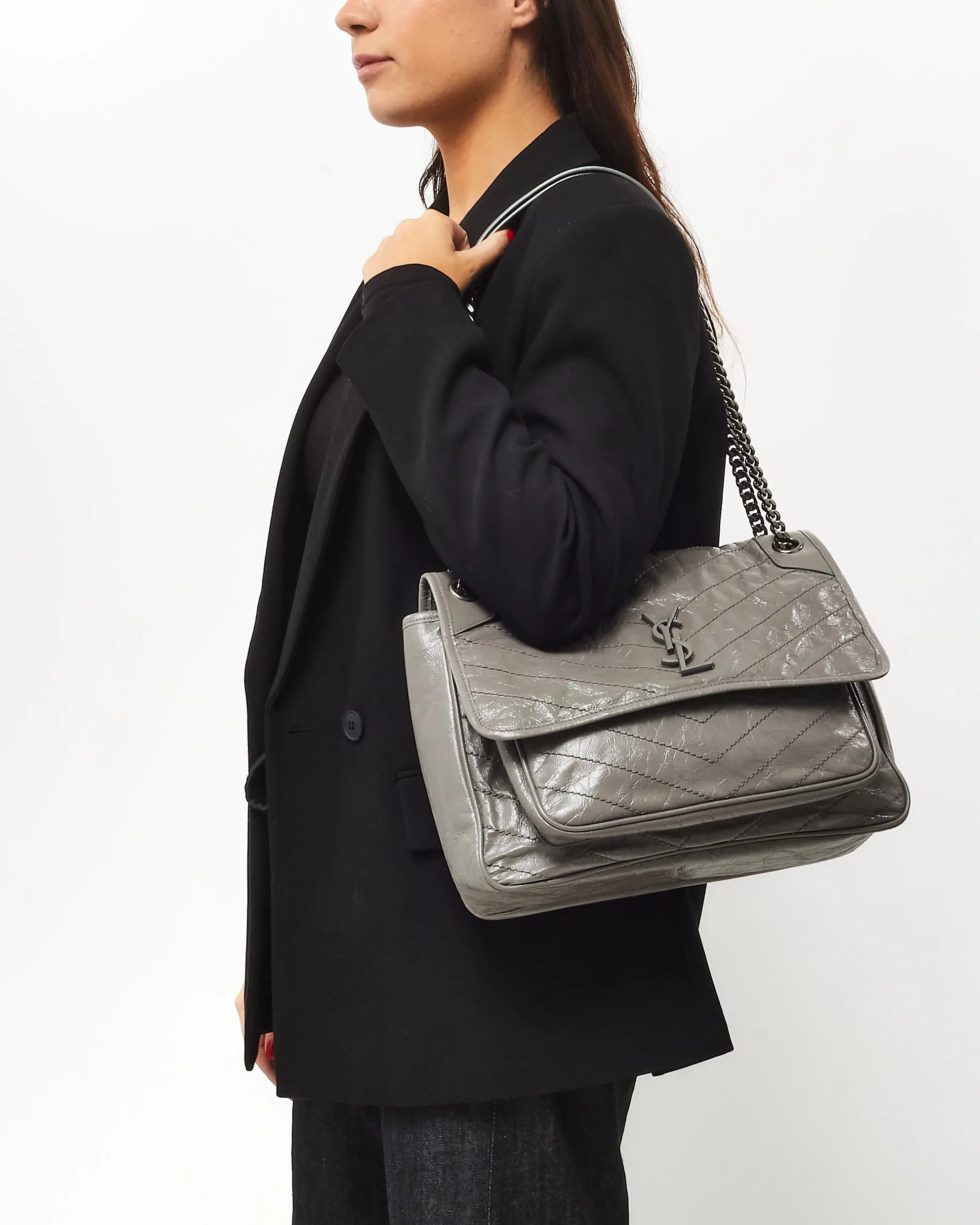 Saint Laurent Grey Crinkled Leather Medium Niki Shoulder Bag