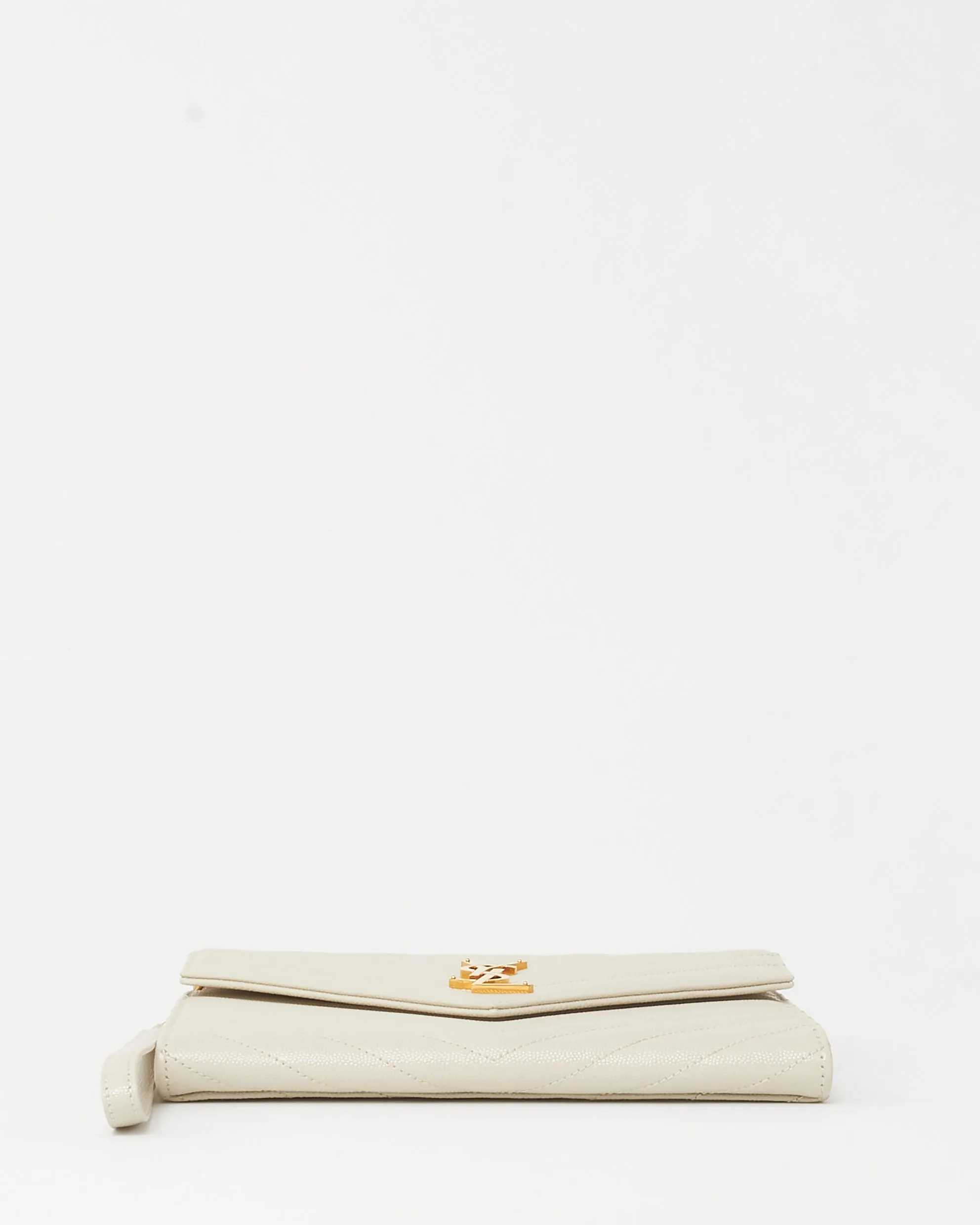 Saint Laurent White Chevron Grained Leather Cassandre YSL Logo Envelope Wristlet Pouch