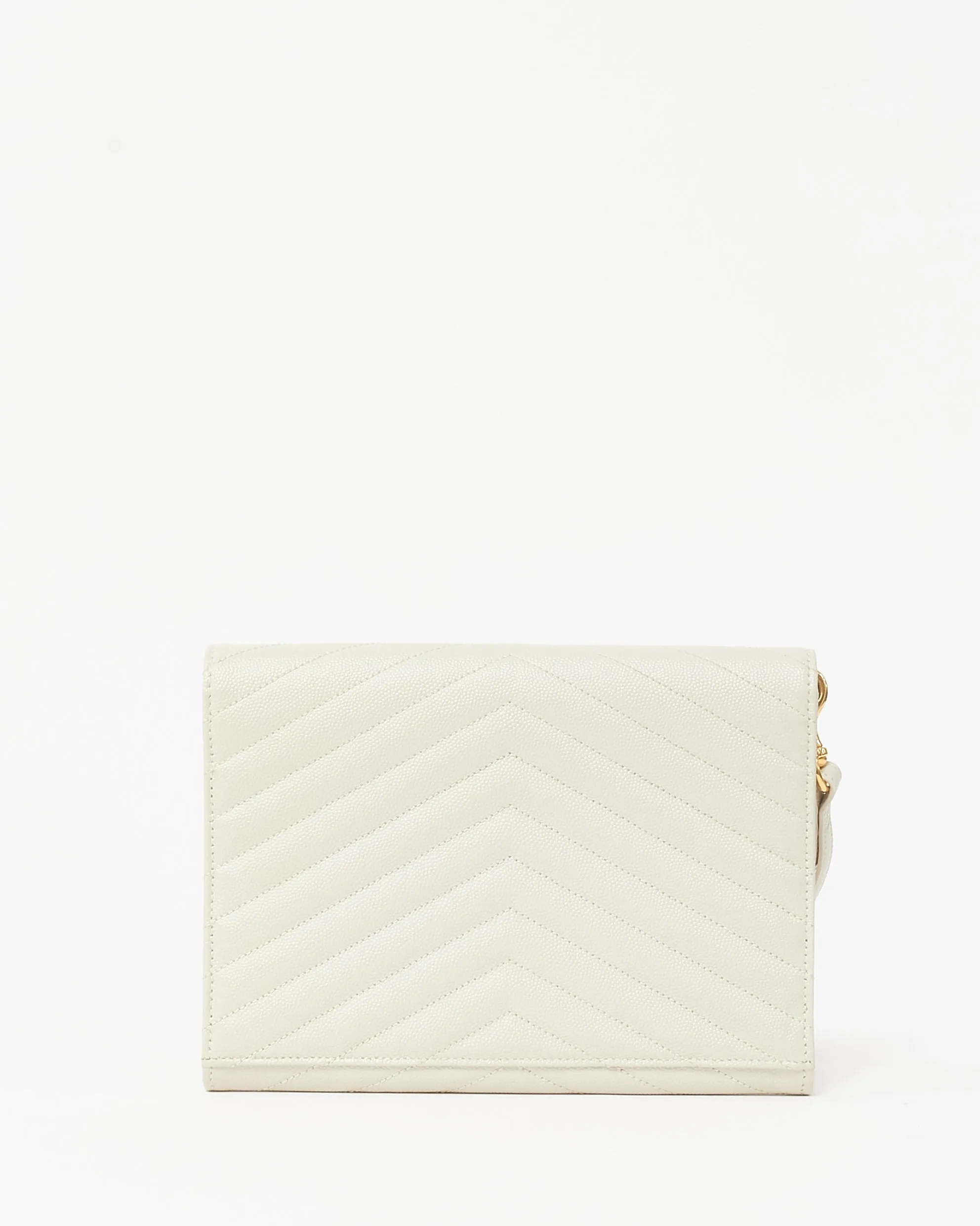Saint Laurent White Chevron Grained Leather Cassandre YSL Logo Envelope Wristlet Pouch