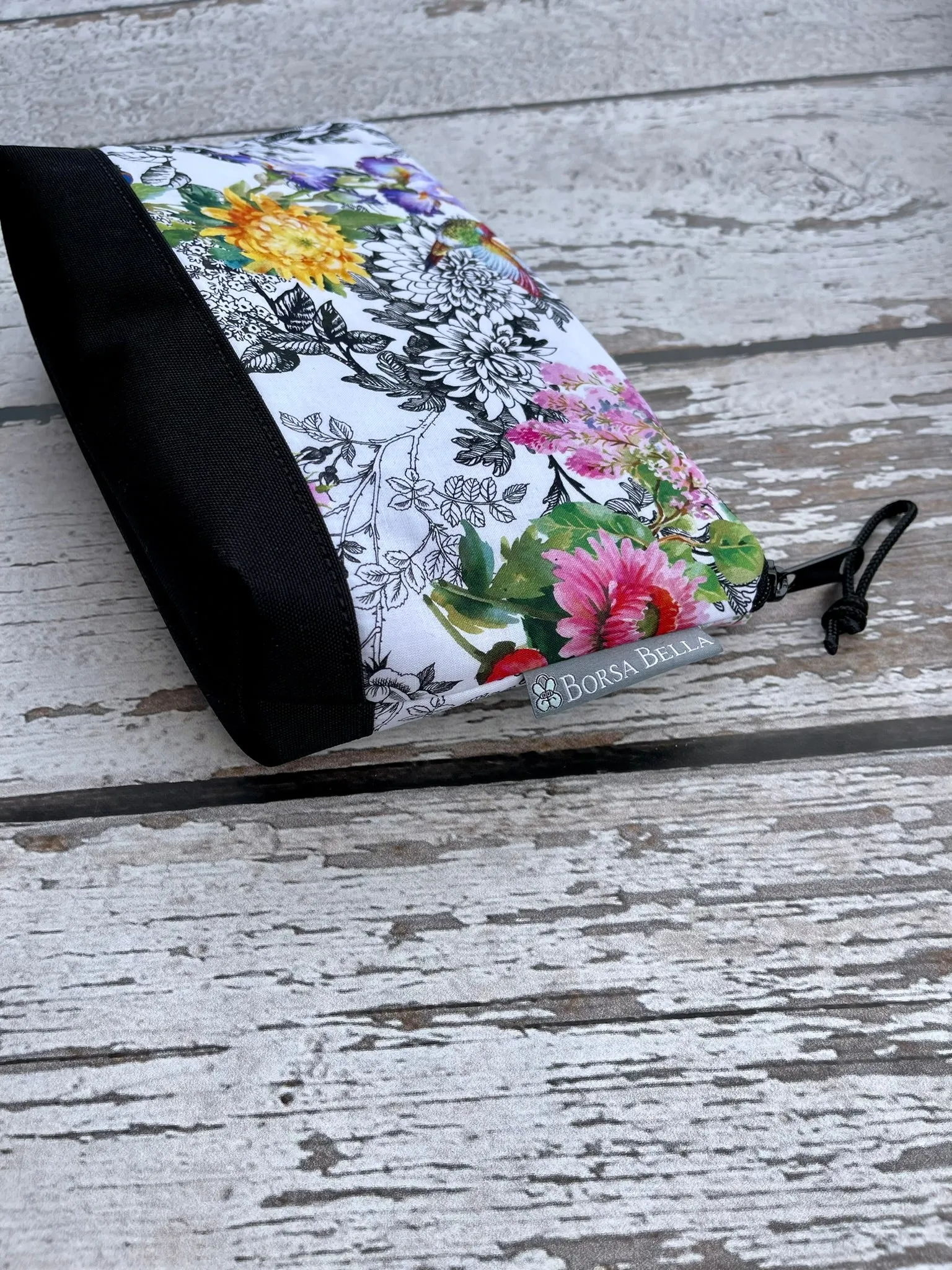 Side Kick Gusseted Zippered Pouch Decoupage Black and White Fabric