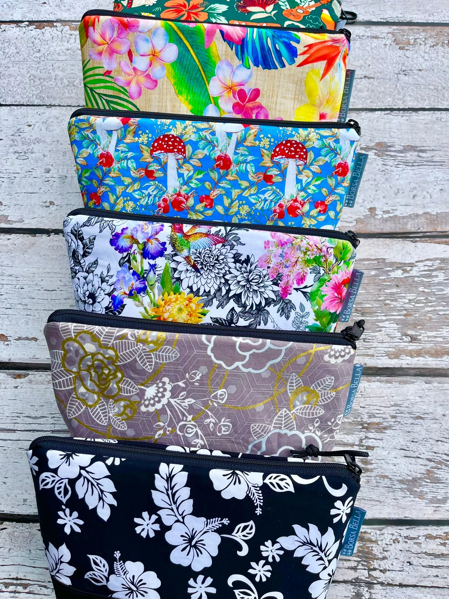 Side Kick Gusseted Zippered Pouch Decoupage Black and White Fabric