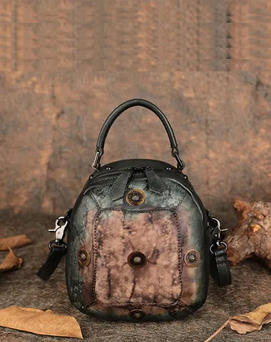 Small Red Leather Womens Rivets Shoulder Bag Barrel Small Handmade Handbag Purse for Ladies