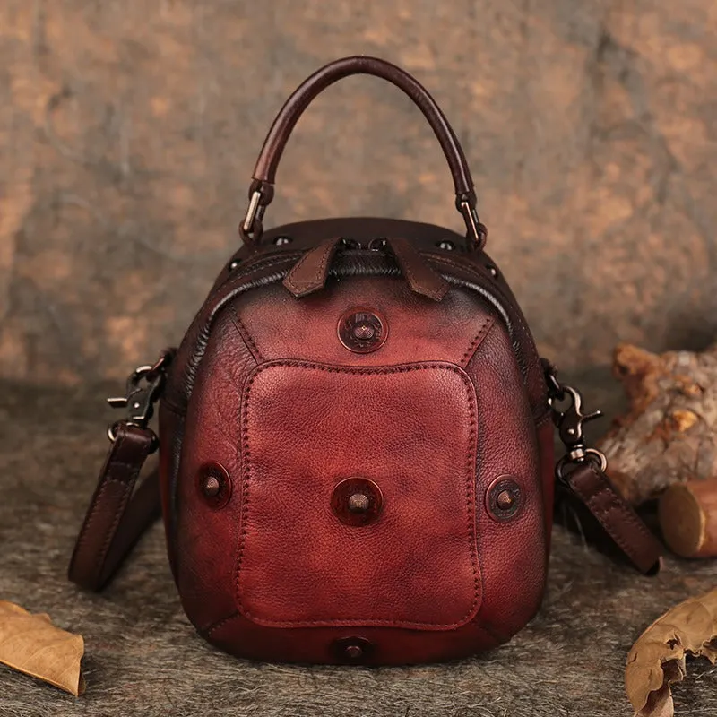 Small Red Leather Womens Rivets Shoulder Bag Barrel Small Handmade Handbag Purse for Ladies