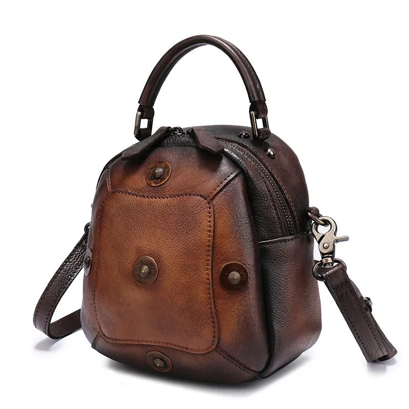 Small Red Leather Womens Rivets Shoulder Bag Barrel Small Handmade Handbag Purse for Ladies