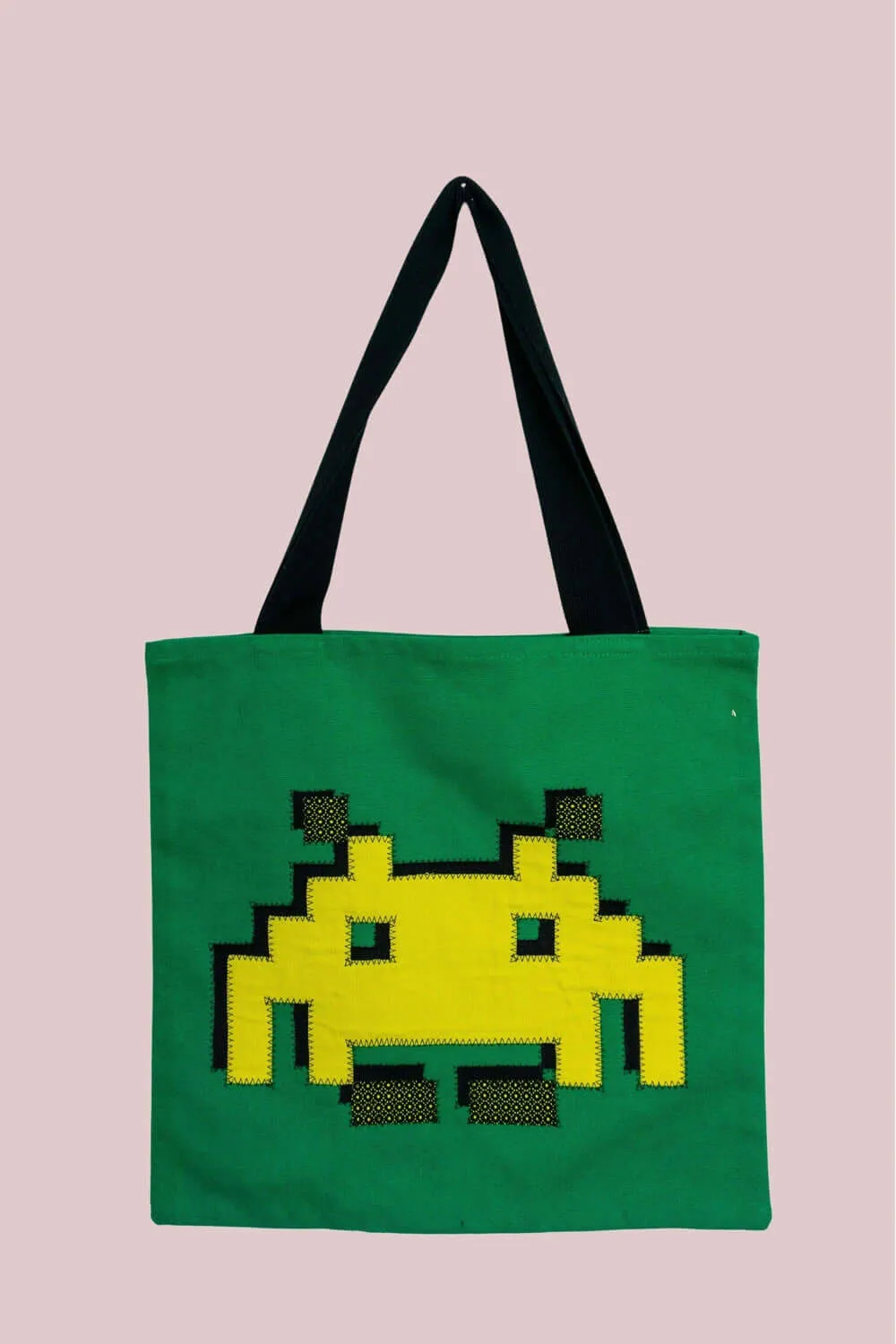 Space Invader Green Ankara Tote Bag