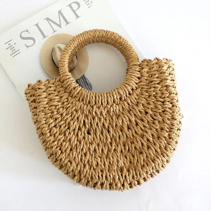 Straw Braided Round Beach Handle Handbag