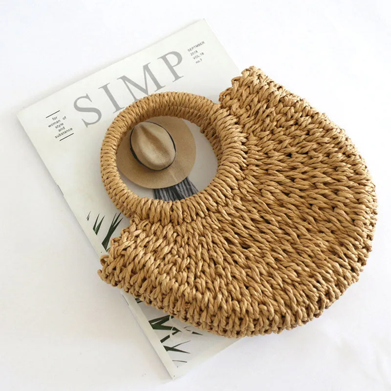 Straw Braided Round Beach Handle Handbag