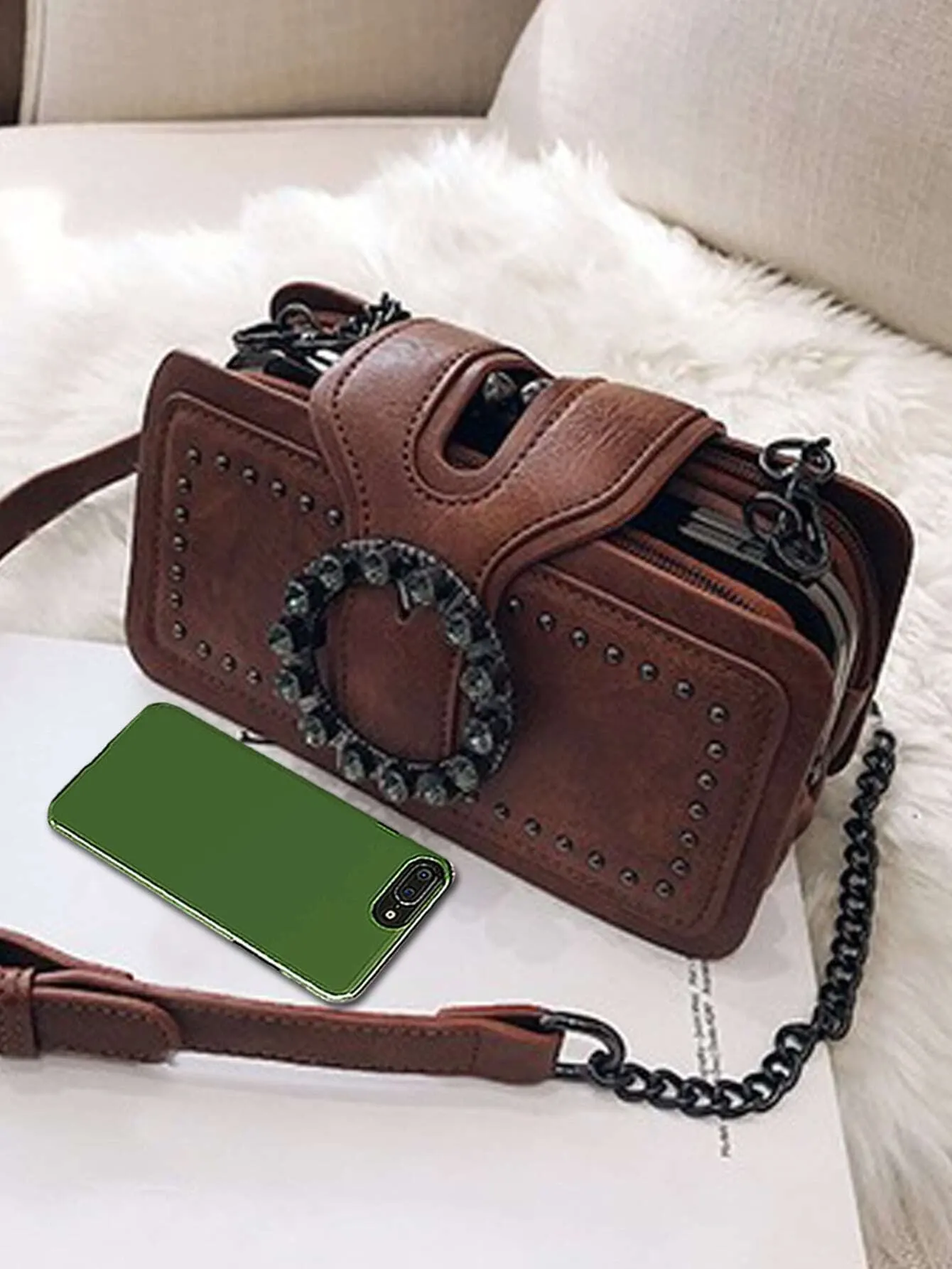 Studded & Buckle Decor Square Bag