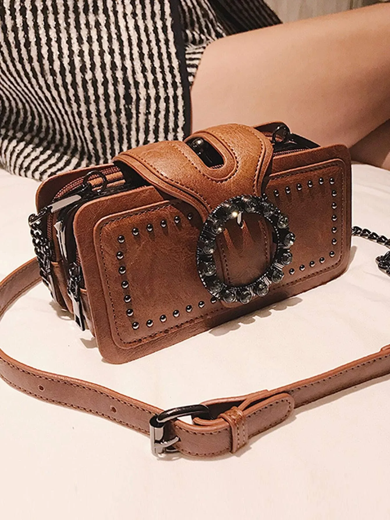 Studded & Buckle Decor Square Bag