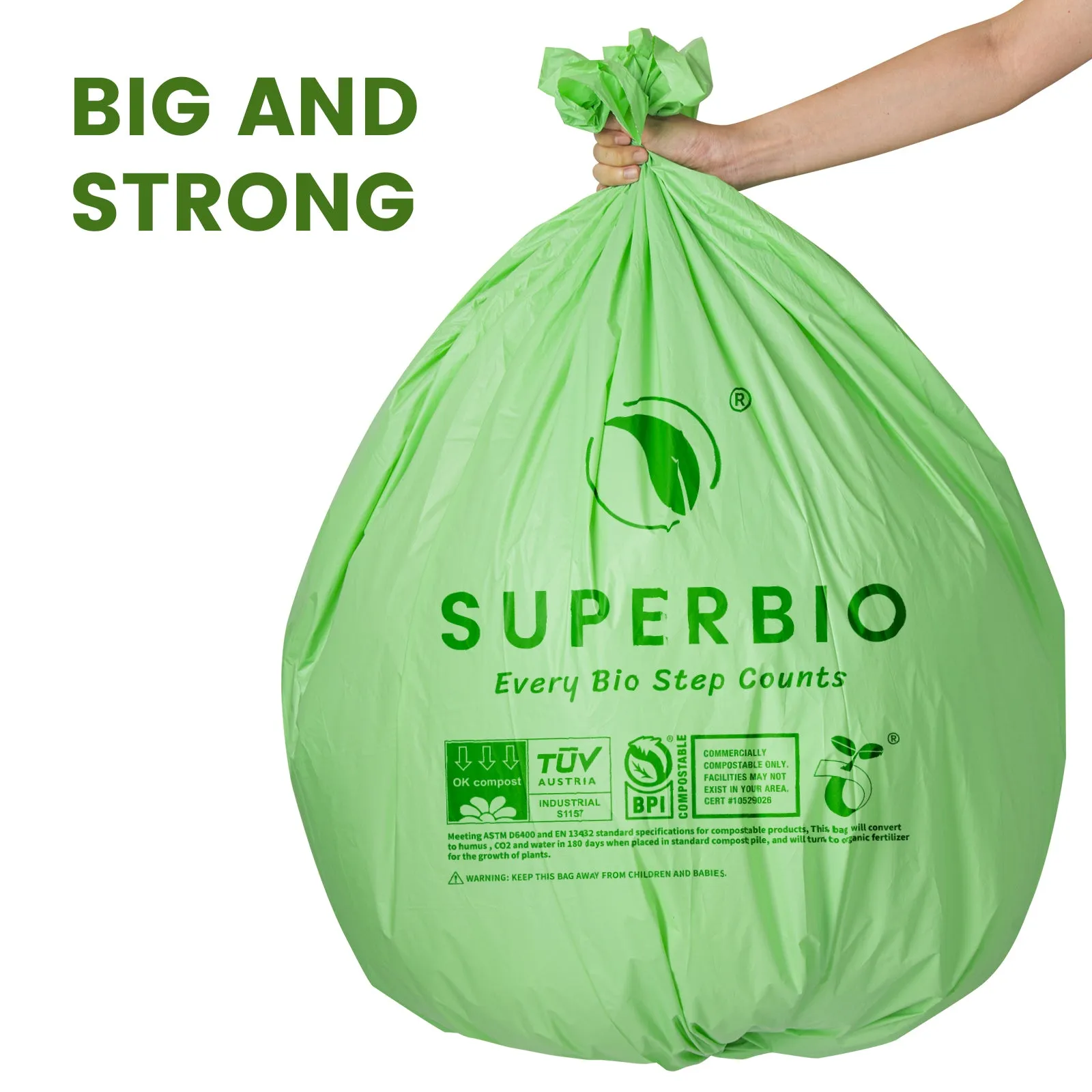 SUPERBIO 33 Gallon Compostable Yard Waste Bags, Lawn & Leaf Bags, Extra Thick 1.57 Mil (120 Count Bulk), BPI and OK compost INDUSTRIAL