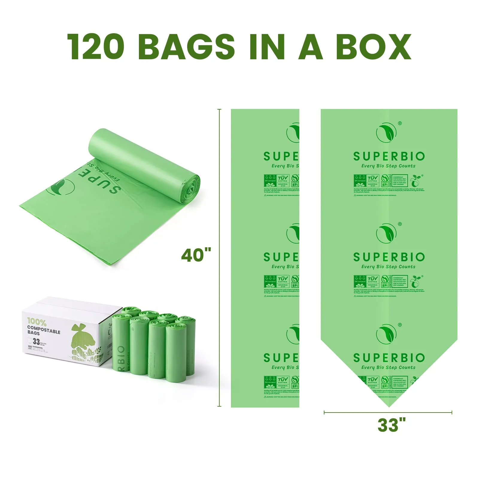 SUPERBIO 33 Gallon Compostable Yard Waste Bags, Lawn & Leaf Bags, Extra Thick 1.57 Mil (120 Count Bulk), BPI and OK compost INDUSTRIAL