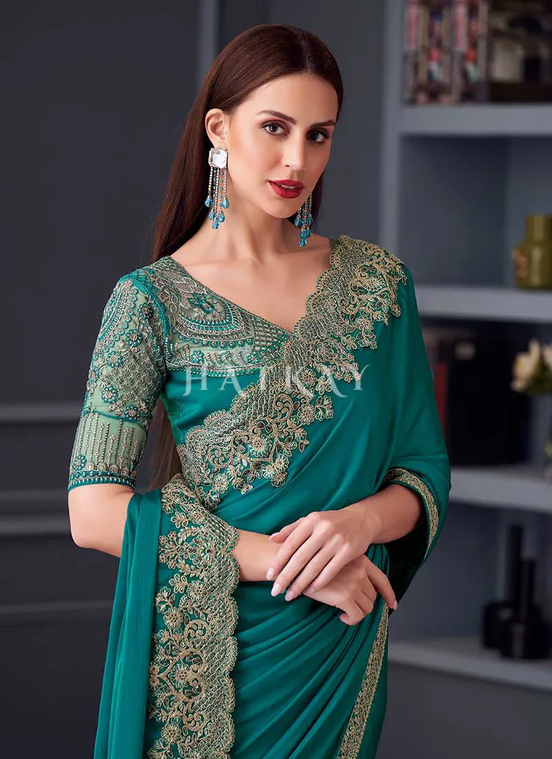 Teal Blue Embroidery Designer Saree