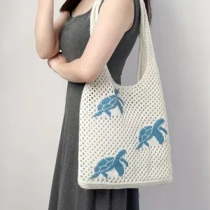 Tote Bag Crochet Beach Sea Turtle / Blue
