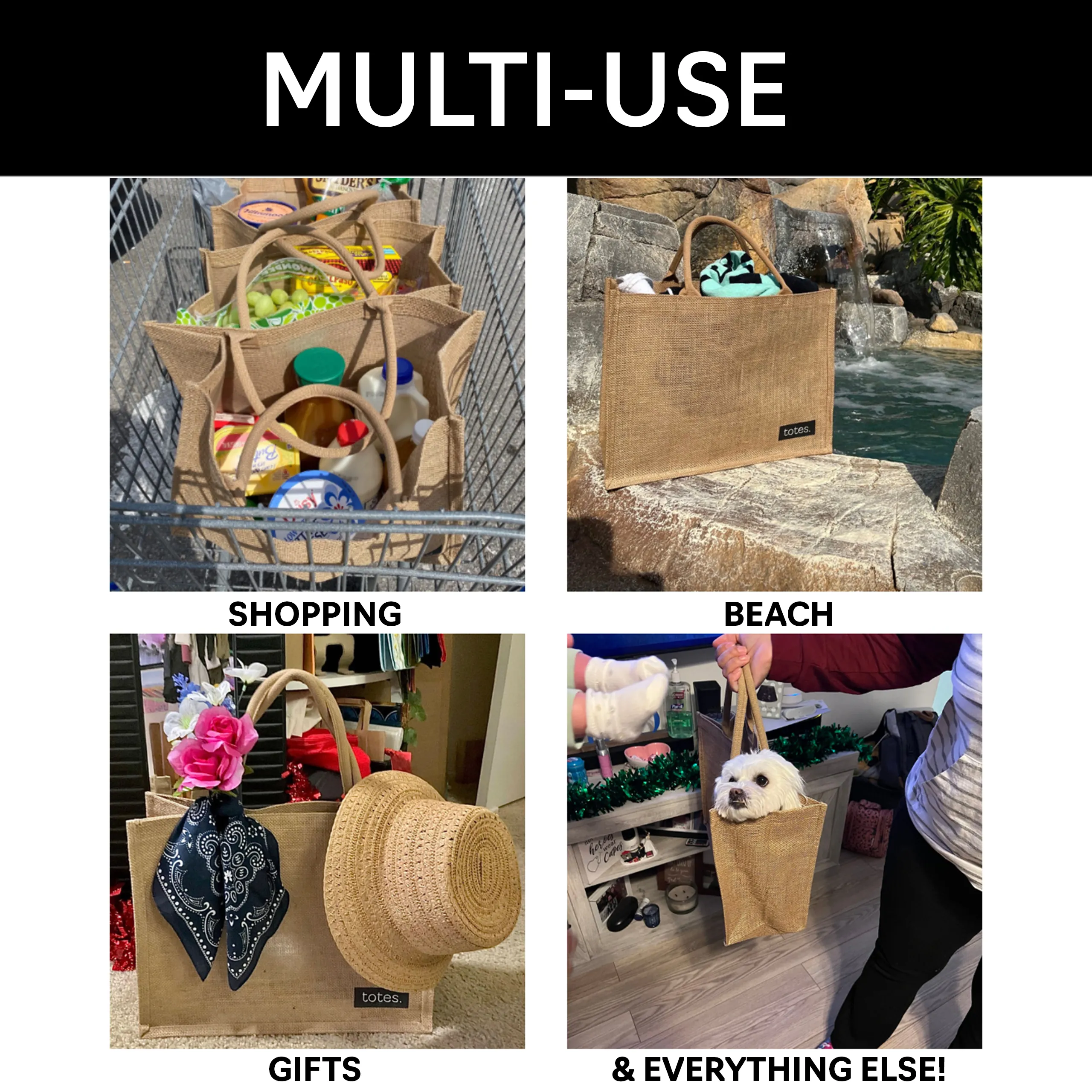 totes. Extra Large Burlap Bag with Handles 3 Pack