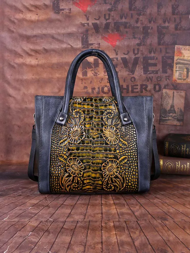 Vintage Casual Simple Leather Embossed Handbag