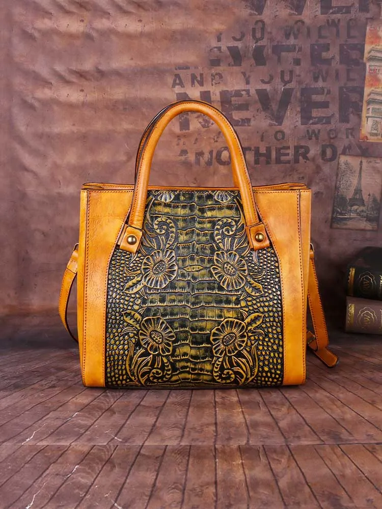 Vintage Casual Simple Leather Embossed Handbag