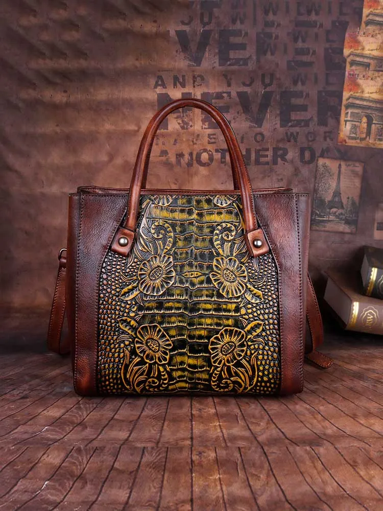 Vintage Casual Simple Leather Embossed Handbag