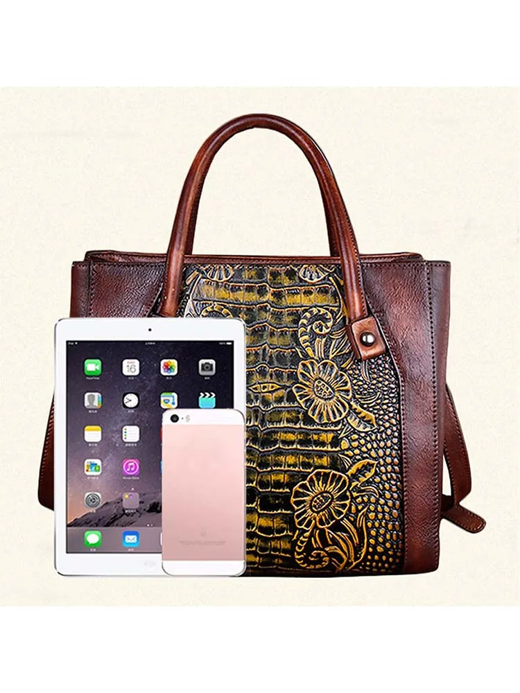 Vintage Casual Simple Leather Embossed Handbag