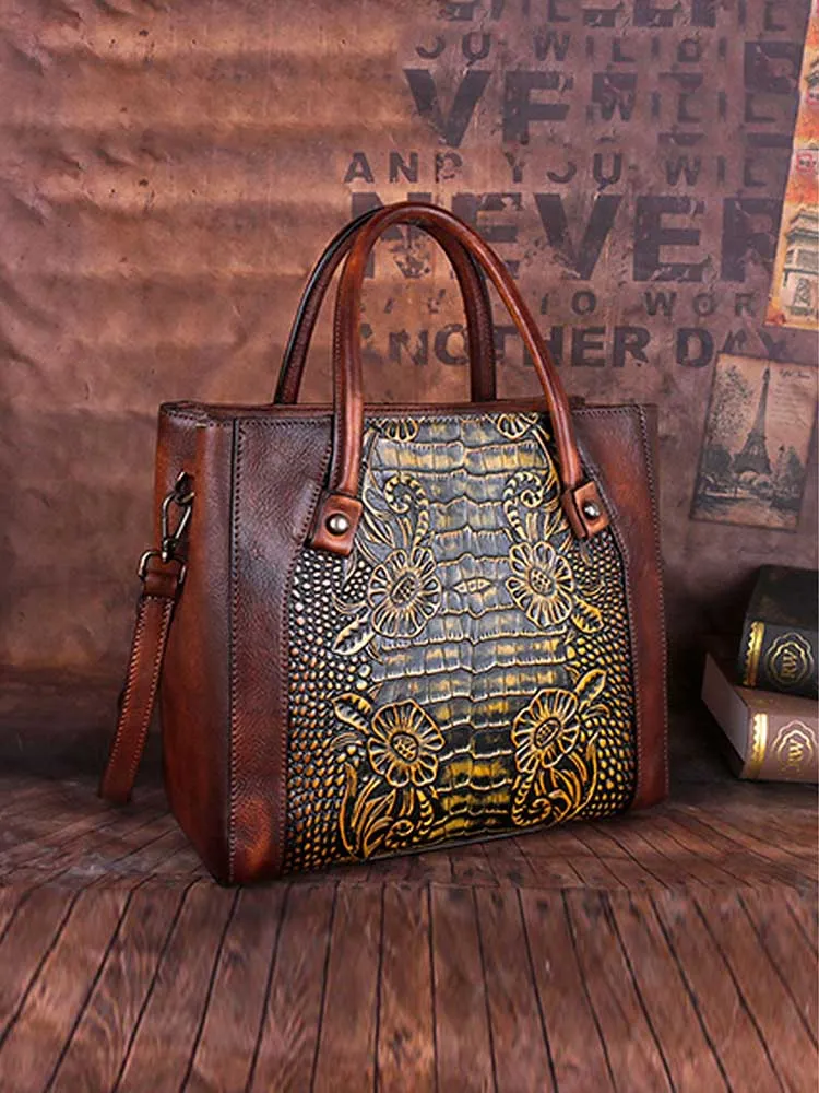 Vintage Casual Simple Leather Embossed Handbag