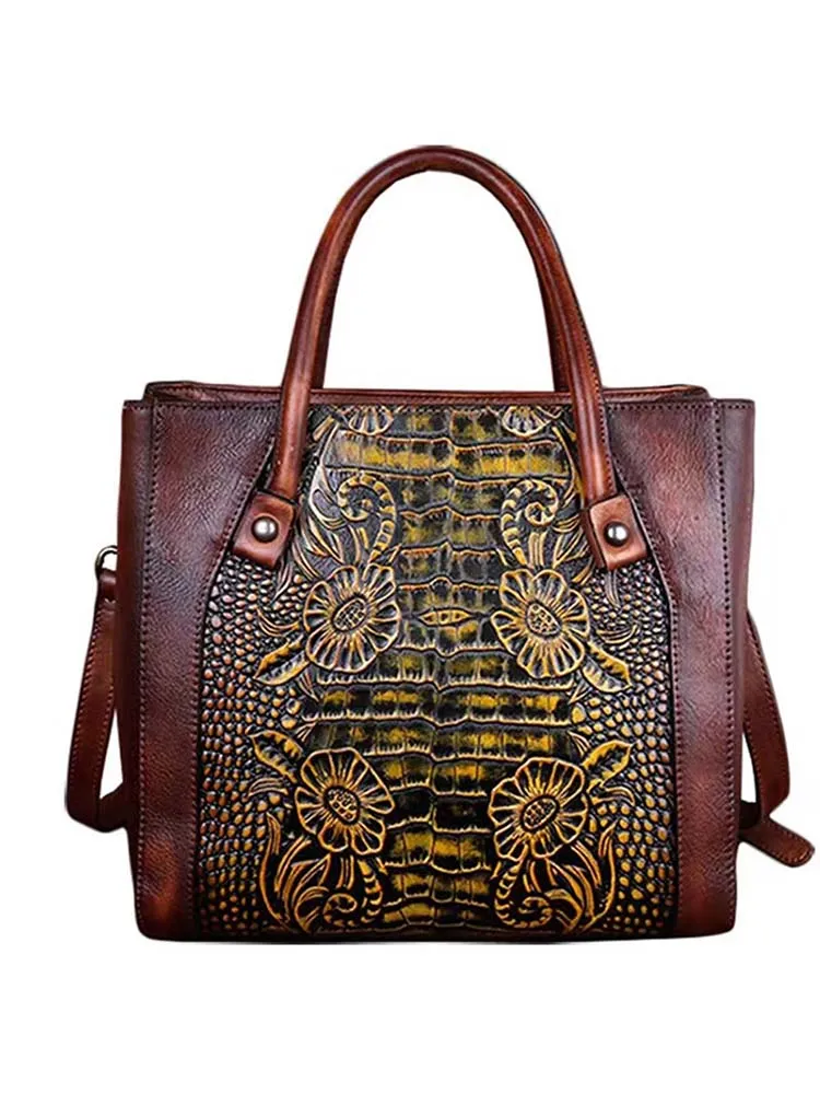 Vintage Casual Simple Leather Embossed Handbag