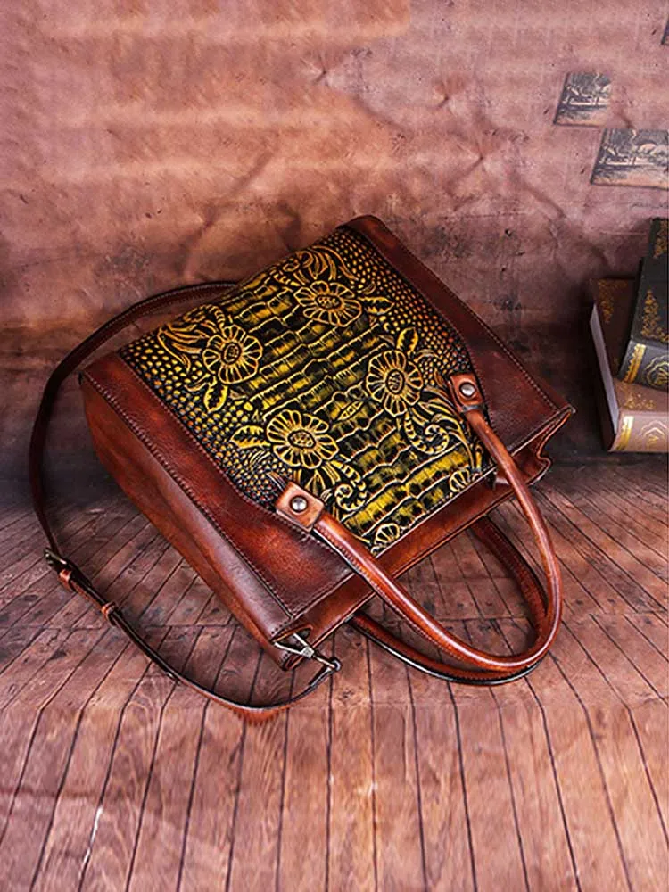 Vintage Casual Simple Leather Embossed Handbag