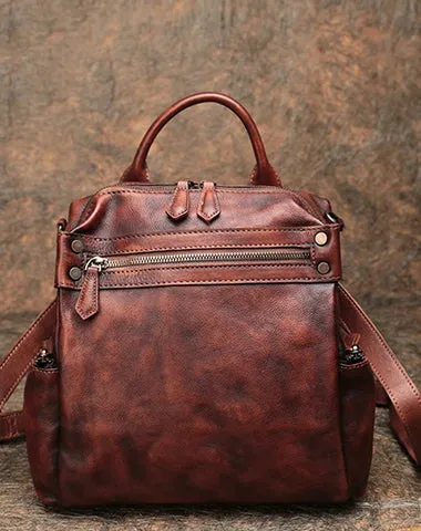 Vintage Coffee Leather Rucksack Bag Womens School Backpack Ladies Leather Backpack Purses