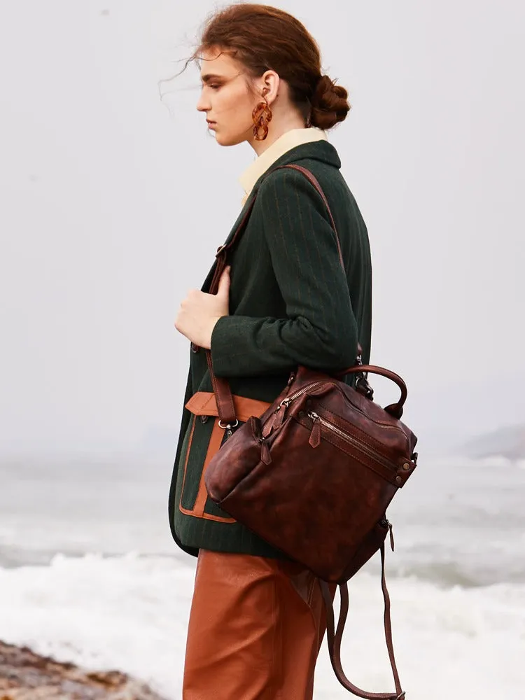 Vintage Coffee Leather Rucksack Bag Womens School Backpack Ladies Leather Backpack Purses