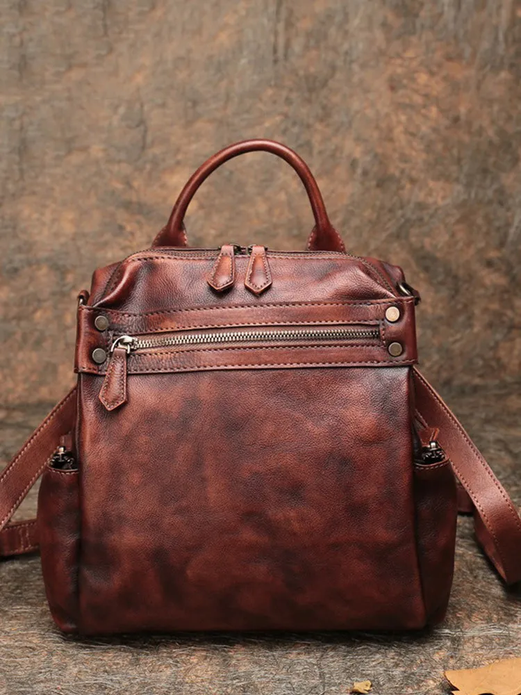 Vintage Coffee Leather Rucksack Bag Womens School Backpack Ladies Leather Backpack Purses